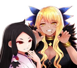 Rule 34 | 2girls, arano oki, black dress, black hair, blonde hair, breasts, character request, cleavage, cleavage cutout, clothing cutout, commentary request, dark-skinned female, dark skin, dress, fate/grand order, fate (series), grin, half-closed eyes, hand to own mouth, hand up, hands up, japanese clothes, kimono, large breasts, looking at viewer, multiple girls, sharp teeth, simple background, smile, teeth, upper body, vritra (fate), white background, white kimono, yellow eyes