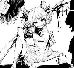 Rule 34 | 1girl, barefoot, curled horns, dress, earrings, greyscale, grin, horn ornament, horn ribbon, horns, iro marimo, jewelry, looking at viewer, monochrome, oversized object, pointy ears, ribbon, sheep horns, short hair, smile, solo, spoon, touhou, toutetsu yuuma