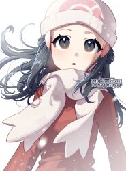 Rule 34 | 1girl, beanie, black hair, coat, commentary, creatures (company), dawn (pokemon), eyelashes, floating hair, game freak, grey eyes, hair ornament, hairclip, hat, highres, long hair, looking up, nintendo, open mouth, pokemon, pokemon dppt, pokemon platinum, red coat, scarf, shi mohaji, snow, snowflakes, solo, symbol-only commentary, upper body, watermark, white background, white hat, white scarf, winter clothes