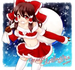 Rule 34 | 1girl, :d, alternate costume, bare shoulders, blush, bow, brown gloves, brown hair, christmas, collarbone, dated, detached sleeves, fang, female focus, gloves, hair bow, hair tubes, hakurei reimu, haruki (colorful macaron), long hair, merry christmas, miniskirt, navel, open mouth, red eyes, sack, santa costume, signature, skirt, smile, snowflakes, solo, stomach, thighhighs, touhou, white thighhighs