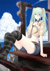 Rule 34 | 1girl, aqua eyes, arm support, belt, choker, cloud, day, digital media player, earbuds, earphones, feet, green hair, hair ribbon, hatsune miku, highres, midriff, musical note, navel, no shoes, open mouth, ribbon, shorts, sitting, sky, solo, striped clothes, striped thighhighs, sukage, thighhighs, twintails, vocaloid, water, zipper
