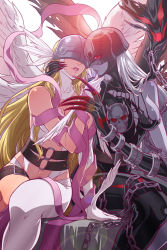 Rule 34 | 2girls, angel, angel and devil, angel wings, angewomon, arm support, bare shoulders, belt, blonde hair, breasts, chain, claws, colored skin, covered eyes, demon girl, digimon, digimon (creature), digimon adventure, eclosion, female focus, grabbing another&#039;s chin, grey skin, hand on another&#039;s chin, head wings, helmet, hug, imminent kiss, ladydevimon, lens flare, lips, long hair, looking at another, midriff, monster girl, multiple girls, navel, parted lips, red eyes, silver hair, sitting, skull, sunlight, wings, yuri