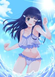 Rule 34 | 1girl, absurdres, aoki reika, bikini, blue bikini, blue eyes, blue sky, blunt bangs, cloud, commentary request, day, denshi rinji, frilled bikini, frills, groin, hair ornament, hairclip, highres, long hair, looking at viewer, one eye closed, outdoors, precure, sky, smile, smile precure!, solo, swimsuit, water