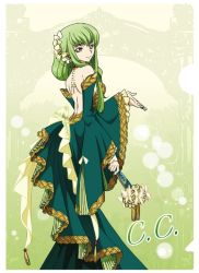Rule 34 | 1girl, backless dress, backless outfit, c.c., code geass, dress, green dress, green hair, hair ornament, hand fan, long hair, official art, simple background, smile, solo, yellow eyes