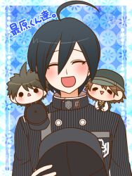 3boys ^_^ ahoge alternate_costume baseball_cap black_eyes black_gloves black_hair black_hat black_hoodie black_jacket black_pants black_vest blue_background brown_hair buttons chibi chibi_on_shoulder closed_eyes collared_jacket collared_shirt commentary_request crest danganronpa_(series) danganronpa_v3:_killing_harmony double-breasted dual_persona eyelashes floral_background gloves grey_hat hair_between_eyes happy hat high_collar holding holding_unworn_clothes holding_hat holding_unworn_clothes hood hood_down hoodie jacket light_blush long_sleeves multiple_boys neckerchief open_mouth pale_skin pants pinstripe_jacket pinstripe_pattern pocket polka_dot polka_dot_background prototype_design saihara_shuichi shirt short_hair smile solid_oval_eyes straight-on upper_body vest white_shirt yellow_neckerchief yumaru_(marumarumaru)