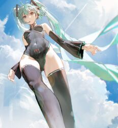 1girl absurdres aqua_eyes aqua_hair bare_shoulders black_leotard black_thighhighs blue_sky breasts detached_sleeves dino_(dinoartforame) from_below hatsune_miku highleg highleg_leotard highres leotard long_hair long_sleeves sky small_breasts smile solo thighhighs thighs throat_microphone twintails vocaloid