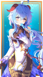 Rule 34 | 1girl, ahoge, bare shoulders, bell, black gloves, black legwear, blue flower, blue hair, blush, breasts, chinese knot, detached sleeves, flower, flower knot, ganyu (genshin impact), genshin impact, glaze lily, gloves, gold trim, highres, holding, holding flower, horns, long hair, looking at viewer, medium breasts, purple eyes, red rope, rope, shi6kurutto, sidelocks, solo, tassel, thighlet, thighs, vision (genshin impact), white sleeves