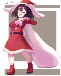 Rule 34 | &gt; o, 1girl, alternate costume, animal ears, ar (maeus), fang, floppy ears, flying sweatdrops, full body, holding, holding sack, inaba tewi, one eye closed, open mouth, petite, rabbit ears, sack, santa costume, skin fang, solo, standing, struggling, touhou