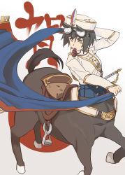 Rule 34 | 1girl, animal ears, black hair, cape, centaur, goggles, hat, highres, holding, holding cape, holding clothes, horse ears, military, military uniform, mouth hold, ningen (ningen96), original, short hair, simple background, solo, sword, tail, taur, uniform, weapon, yellow eyes