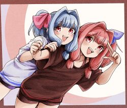 Rule 34 | 2girls, alternate costume, alternate hairstyle, behind another, blue background, blue hair, blush, border, collarbone, commentary request, cowboy shot, dutch angle, grey shirt, hand on another&#039;s shoulder, hand up, highres, kotonoha akane, kotonoha aoi, leaning on person, long hair, looking at viewer, low-tied sidelocks, multicolored background, multiple girls, natsu tuna, open mouth, outside border, pink hair, purple shorts, red background, red border, red eyes, red shirt, red shorts, salute, shirt, short shorts, short sleeves, shorts, siblings, side ponytail, sidelocks, sisters, smile, spaghetti strap, standing, teeth, two-finger salute, upper teeth only, voiceroid, white background