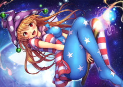 Rule 34 | 1girl, american flag dress, american flag legwear, between legs, blonde hair, blush, breasts, clownpiece, collar, fairy wings, frilled collar, frilled shirt collar, frills, hat, jester cap, long hair, looking at viewer, medium breasts, open mouth, pantyhose, red eyes, solo, space, star (symbol), torch, touhou, wings, yuki usagi (snowcanvas)