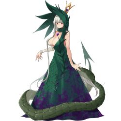 1girl biscione_(fate) breasts chest_jewel cleavage crown detached_sleeves dragon_girl dragon_tail dress fate/grand_order fate_(series) full_body game_cg green_dress green_hair highres hood hood_up hooded_dress imigimuru large_breasts long_dress long_hair looking_at_viewer mini_crown multicolored_hair official_art pendant_choker purple_dress purple_nails red_eyes solo standing tachi-e tail third-party_source transparent_background two-tone_dress very_long_hair white_hair