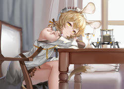 Rule 34 | 1girl, absurdres, animal ears, arknights, arm support, ban tang, bare legs, bare shoulders, blonde hair, blush, breasts, chair, closed mouth, coat, crossed legs, dorothy (arknights), feet out of frame, fingernails, from side, hat, highres, hourglass, indoors, leaning forward, long fingernails, long hair, long sleeves, looking at viewer, looking to the side, medium breasts, mouse ears, mouse girl, mouse tail, open clothes, open coat, sitting, smile, solo, table, tail, tassel, white coat, white hat, window, yellow eyes