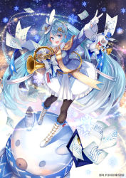 Rule 34 | &gt; &lt;, 1girl, :d, black pantyhose, blue eyes, blue hair, blue headwear, boots, bow, dated, epaulettes, french horn, gloves, hair ornament, hand up, hat, hat feather, hatsune miku, highres, horns, instrument, long hair, looking at viewer, mini hat, mini top hat, musical note, musical note print, official art, open mouth, pantyhose, pisuke, rabbit yukine, sheet music, single horn, smile, snowflake print, snowflakes, snowman, tilted headwear, top hat, twintails, v, very long hair, vocaloid, white bow, white footwear, white gloves, yuki miku, yuki miku (2020)
