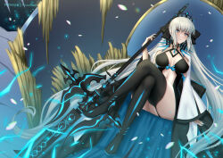 Rule 34 | 1girl, black bow, black dress, black footwear, blue eyes, boots, bow, braid, breasts, center opening, cleavage, crossed legs, dress, fate/grand order, fate (series), french braid, glowing, glowing weapon, grey hair, hair bow, highres, holding, holding weapon, large breasts, long hair, long sleeves, looking at viewer, morgan le fay (fate), pelvic curtain, ponytail, ryuuneart, sidelocks, sitting, solo, staff, thigh boots, thighhighs, thighs, throne, two-tone dress, very long hair, weapon, white dress, wide sleeves