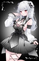 Rule 34 | 1girl, absurdres, black nails, blunt bangs, breasts, commission, dress, frilled sleeves, frills, grey dress, grey hair, highres, indie virtual youtuber, kabashima hana, large breasts, long hair, red eyes, skeb commission, smile, solo, tassel, two side up, virtual youtuber, white sleeves, yuzuriha himeki