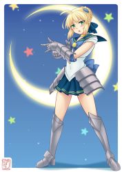 Rule 34 | 1girl, 2016, ahoge, armor, armored boots, artoria pendragon (all), artoria pendragon (fate), bad id, bad pixiv id, bishoujo senshi sailor moon, blonde hair, blue background, blue bow, blue skirt, blush, boots, bow, braid, brooch, choker, cosplay, crescent moon, dated, embarrassed, fate/stay night, fate (series), faulds, female focus, french braid, green eyes, grey footwear, hair ornament, jewelry, knee boots, looking at viewer, magical girl, metal gloves, moon, open mouth, parody, pleated skirt, saber (fate), sailor senshi, sailor senshi (cosplay), sailor senshi uniform, short hair, signature, skirt, solo, star (symbol), thealagator, tsuki ni kawatte oshioki yo, unofficial sailor senshi uniform