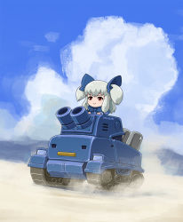 Rule 34 | 1girl, advance wars, artist name, blue bow, blue bowtie, blue sky, blush, bow, bowtie, brown eyes, cannon, closed mouth, cloud, cloudy sky, commentary request, day, driving, grey hair, mclelun, metal slug, military, military vehicle, motor vehicle, outdoors, sand, sky, smile, solo, tank, twintails