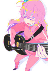 Rule 34 | 1girl, blush, bocchi the rock!, bonbas24, closed eyes, cube hair ornament, electric guitar, gibson les paul, gotoh hitori, guitar, hair between eyes, hair ornament, holding, holding instrument, holding plectrum, instrument, jacket, long hair, long sleeves, music, one side up, open mouth, pants, pink hair, pink jacket, pink pants, playing instrument, plectrum, simple background, solo, track jacket, track pants, white background