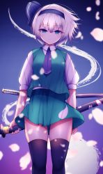 Rule 34 | 1girl, black hairband, black legwear, cherry blossoms, closed mouth, darumoon, ghost, gradient background, green eyes, green skirt, green vest, hairband, highres, konpaku youmu, konpaku youmu (ghost), looking at viewer, multiple swords, petals, purple neckwear, sheath, sheathed, shirt, short hair, short sleeves, silver hair, simple background, skirt, skirt set, solo, standing, sword, sword behind back, thighs, touhou, vest, weapon, white shirt