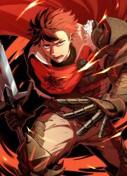 Rule 34 | 1boy, armor, asymmetrical armor, black armor, cape, collared cloak, diamant (fire emblem), fire emblem, fire emblem engage, high collar, highres, holding, holding sword, holding weapon, kszm fe, male focus, nintendo, open mouth, red cape, red eyes, red hair, shoulder armor, sword, weapon