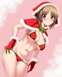 Rule 34 | 1girl, areola slip, bikini, bikini pull, blush, boko (girls und panzer), breasts, brown eyes, brown hair, capelet, closed mouth, clothes pull, cowboy shot, frown, fur-trimmed capelet, fur-trimmed gloves, fur trim, girls und panzer, gloves, groin, highres, hood, hooded capelet, large areolae, leaning forward, looking at viewer, medium breasts, navel, nishizumi miho, pink background, red bikini, red capelet, red gloves, saitou gabio, santa costume, shiny skin, short hair, side-tie bikini bottom, skindentation, solo, standing, string bikini, swimsuit