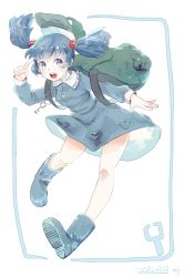 Rule 34 | 1girl, artist name, backpack, bad id, bad twitter id, bag, blue eyes, blue footwear, blue hair, boots, border, dated, full body, hair bobbles, hair ornament, hat, highres, kawashiro nitori, key, long sleeves, looking at viewer, matching hair/eyes, meiji (charisma serve), open mouth, outstretched arm, rubber boots, shirt, simple background, skirt, skirt set, solo, touhou, twintails, upskirt