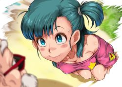Rule 34 | 1girl, :&gt;, beach, beard, blue eyes, blush, breasts, bulma, cleavage, covered erect nipples, dragon ball, dragon ball (classic), dress, facial hair, from above, green hair, kneeling, legs, long hair, looking at another, looking up, medium breasts, muten roushi, off-shoulder dress, off shoulder, old, old man, outdoors, sakuradou, sand, side ponytail, smile, sunglasses, thighs