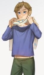 Rule 34 | 1boy, blue eyes, blue shirt, commentary request, cowboy shot, earrings, green pants, groin, highres, jewelry, jimaku, light brown hair, link, male focus, nintendo, pants, pointy ears, shirt, solo, the legend of zelda, the legend of zelda: breath of the wild, undressing