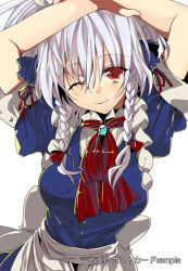 Rule 34 | 1girl, apron, braid, crossed arms, dress, eyelashes, female focus, hands on own head, izayoi sakuya, looking at viewer, maid, maid apron, maid headdress, manyako (mohumohu), messy hair, necktie, nose, red eyes, ribbon, short hair, silver hair, smile, solo, touhou, twin braids