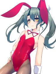 Rule 34 | 1girl, alternate costume, animal ears, bare shoulders, blush, bow, bowtie, breasts, commentary, covered navel, detached collar, fake animal ears, fishnet pantyhose, fishnets, groin, hand on own hip, highres, kantai collection, leotard, long hair, looking at viewer, nail polish, okuri banto, pantyhose, playboy bunny, rabbit ears, rabbit tail, red leotard, simple background, solo, strapless, strapless leotard, tail, v-shaped eyebrows, white background, wrist cuffs, zuikaku (kancolle)