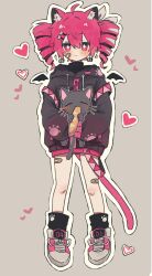 ahoge animal_ears bagua bandaid bandaid_on_face bandaid_on_leg belt black_jacket black_socks blush bow bread cat cat_ears cat_tail drill_hair food full_body grey_background hair_between_eyes hair_bow hair_ribbon hanbaozi_(hnbozi429891) heart highres jacket kasane_neko_(haru57928031) kasane_teto kasane_teto_(sv) pink_belt pink_footwear red_hair ribbon shoes sneakers socks star-shaped_pupils star_(symbol) symbol-shaped_pupils synthesizer_v tail trigram twin_drills twintails utau white_bow white_ribbon