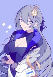 Rule 34 | 1girl, black shirt, blue background, breasts, bronya rand, cleavage, cleavage cutout, clothing cutout, commentary, crossed arms, fur-trimmed sleeves, fur trim, gloves, grey eyes, grey hair, hair between eyes, hair ornament, highres, homu (honkai impact), honkai: star rail, honkai (series), jacket, large breasts, long sleeves, looking at viewer, open clothes, open jacket, rabbit hair ornament, shirt, simple background, solo, sparks summer, symbol-only commentary, upper body, white gloves, white jacket