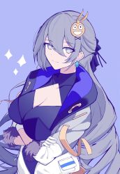 1girl black_shirt blue_background breasts bronya_rand cleavage cleavage_cutout clothing_cutout commentary crossed_arms fur-trimmed_sleeves fur_trim gloves grey_eyes grey_hair hair_between_eyes hair_ornament highres homu_(honkai_impact) honkai:_star_rail honkai_(series) jacket large_breasts long_sleeves looking_at_viewer open_clothes open_jacket rabbit_hair_ornament shirt simple_background solo sparks_summer symbol-only_commentary upper_body white_gloves white_jacket