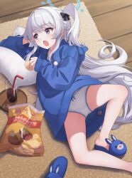 Rule 34 | 1girl, alternate costume, bag of chips, blue archive, blue halo, blue hoodie, chips (food), cola, cup, drinking glass, drinking straw, food, halo, highres, holding, holding food, hood, hood down, hoodie, indoors, long hair, long sleeves, lying, miyako (blue archive), miyako (young) (blue archive), on side, one side up, open mouth, panties, pillow, potato chips, purple eyes, ripnte, solo, underwear, white hair, white panties