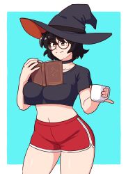 Rule 34 | 1girl, black choker, black hat, black shirt, blue background, breasts, brown eyes, choker, clip studio paint (medium), commission, cropped shirt, cup, dolphin shorts, hat, highres, holding, holding cup, large breasts, midriff, navel, object on breast, original, pinky out, reading, red-framed eyewear, red shorts, round eyewear, shirt, shorts, solo, two-tone background, vibrantrida, white background, witch hat