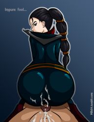 Rule 34 | 1boy, 1girl, black hair, bodysuit, buttjob, buttjob over clothes, clothed sex, cum, cum on clothes, cum on self, english text, green eyes, league of legends, looking at viewer, looking back, ponytail, vayne (league of legends)
