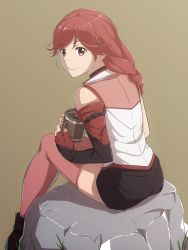 Rule 34 | 10s, 1girl, black shorts, brown eyes, brown hair, casino (casinoep), detached sleeves, from behind, hai to gensou no grimgar, highres, long hair, long legs, looking at viewer, red thighhighs, shorts, simple background, sitting, smile, solo, thighhighs, yume (grimgar)