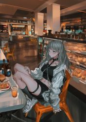 Rule 34 | 1girl, absurdres, bakery, beer bottle, black socks, blue eyes, bread, burger, chain, chair, choker, crop top, cup, expressionless, food, french fries, green hair, hand on leg, highres, indoors, jacket, lm7 (op-center), long hair, looking to the side, open clothes, open jacket, original, restaurant, shoes, shop, shorts, sitting, sneakers, socks, solo, white footwear, white jacket