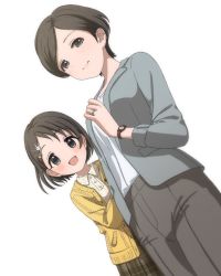 Rule 34 | 2girls, black eyes, black hair, blush, breasts, brown pants, brown skirt, buttons, checkered clothes, checkered skirt, child, commentary, dot nose, dutch angle, floral print, grey jacket, hair ornament, hairclip, hand up, highres, idolmaster, idolmaster cinderella girls, jacket, jewelry, long sleeves, looking at viewer, medium breasts, megabee e, mother and daughter, multiple girls, open mouth, pants, print shirt, rabbit hair ornament, ring, sasaki chie, sasaki chie&#039;s mother, shirt, short hair, skirt, smile, sweater, watch, wedding ring, white background, white shirt, wing collar, wristwatch, yellow sweater