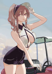 Rule 34 | 1girl, arm up, azur lane, bare shoulders, black hat, black skirt, blue sky, breasts, brown hair, cleavage, clemenceau (azur lane), clemenceau (splendid breeze) (azur lane), closed mouth, cloud, collarbone, collared shirt, commentary request, cowboy shot, crescent, crescent earrings, crop top, day, earrings, echo (lowlow808), gloves, golf cart, golf club, hair between eyes, hat, highres, holding, holding golf club, jewelry, large breasts, long hair, looking to the side, midriff, motor vehicle, official alternate costume, outdoors, partial commentary, pencil skirt, red eyes, shirt, sidelocks, signature, skirt, sky, sleeveless, sleeveless shirt, solo, standing, twitter username, visor cap, white gloves, white shirt
