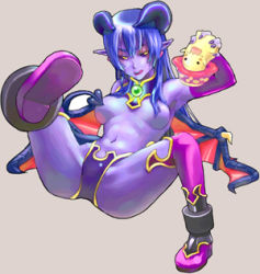 Rule 34 | 1girl, astaroth (shinrabanshou), black sclera, blue hair, blue skin, boots, breasts, censored, colored sclera, colored skin, convenient censoring, demon girl, hair censor, hair over breasts, horns, large breasts, long hair, lowres, mushroo (shinrabanshou), navel, pointy ears, purple footwear, shinrabanshou, simple background, solo, tail, tail censor, thighhighs, tongue, tongue out, topless, wings