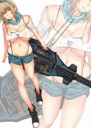 Rule 34 | 1girl, bad id, bad pixiv id, bandages, blonde hair, breasts, bullet, cleavage, converse, covered erect nipples, detached collar, earrings, gatling gun, gouf custom, green eyes, groin, gun, gundam, gundam 08th ms team, hairband, highres, huge weapon, jewelry, justin (sera tony), large breasts, minigun, navel, no panties, no socks, personification, see-through, shoes, short hair, shorts, sneakers, solo, suspenders, tank top, text focus, torn clothes, underboob, weapon, zeon, zoom layer