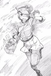 Rule 34 | 1girl, ;d, alternate costume, bag, belt, carrying, chi-hatan (emblem), commentary, dress, emblem, envelope, girls und panzer, gloves, graphite (medium), greyscale, hat, high collar, highres, leg up, long sleeves, looking at viewer, mailman, makicha (sasurainopink), monochrome, one eye closed, open mouth, peaked cap, pleated dress, salute, satchel, shoes, short dress, smile, solo, standing, standing on one leg, tamada tamaki, thighhighs, traditional media, uniform