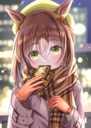 Rule 34 | 1girl, animal ears, blurry, blush, coat, commentary request, fine motion (umamusume), gloves, green eyes, hair ornament, highres, horse ears, looking at viewer, portrait, scarf, snowing, solo, takenaka takeshi, umamusume, winter, winter clothes, winter coat