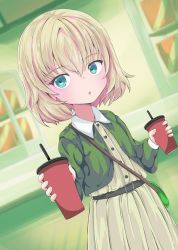Rule 34 | 1girl, :o, bag, belt, black belt, blonde hair, blue eyes, blurry, blurry background, carrying, casual, collared dress, commentary, cup, depth of field, disposable cup, dress, drinking straw, dutch angle, girls und panzer, green sweater, handbag, holding, holding cup, indoors, katyusha (girls und panzer), long sleeves, looking at viewer, medium dress, parted lips, shibagami, short hair, solo, standing, sweater, window, yellow dress