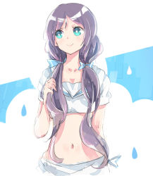 Rule 34 | 10s, 1girl, aqua eyes, bad id, bad pixiv id, bow, captain yue, duizhang, hair bow, holding, holding hair, long hair, love live!, love live! school idol project, midriff, navel, purple hair, sailor collar, short sleeves, sketch, smile, solo, tojo nozomi, twintails