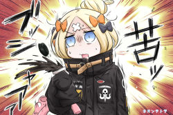 Rule 34 | 1girl, abigail williams (fate), abigail williams (traveling outfit) (fate), artist name, black bow, black jacket, blonde hair, blue eyes, bow, coffee, coffee cup, commentary request, crossed bandaids, cup, disposable cup, fate/grand order, fate (series), hair bow, hair bun, hand up, heroic spirit traveling outfit, highres, holding, holding cup, jacket, long sleeves, neon-tetora, hugging object, official alternate costume, open mouth, orange bow, parted bangs, single hair bun, sleeves past fingers, sleeves past wrists, solo, star (symbol), stuffed animal, stuffed toy, sweat, tears, teddy bear, upper body
