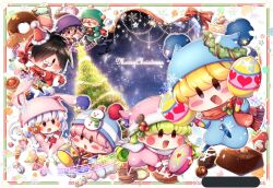 2girls 5boys bandana black_hair blonde_hair blue_hat blue_pajamas blunt_bangs blush_stickers candy christmas_tree commentary_request drumsticks food green_bandana green_hair hair_over_one_eye hanzo_(mirumo_de_pon!) hat highres holding holding_drumsticks holding_instrument holding_maracas instrument looking_at_viewer maracas merry_christmas mini_person miniboy minigirl mirumo mirumo_de_pon! multiple_boys multiple_girls murumo pajamas papii_(mirumo_de_pon!) pink_hair pink_hat purple_bandana rirumu_(mirumo_de_pon!) sapphire_(ema-n) sasuke_(mirumo_de_pon!) scarf smile solid_oval_eyes white_hair yashichi_(mirumo_de_pon!)