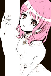 Rule 34 | 1girl, bang dream!, black background, breast press, breasts, getsuyou yasumi, heart, heart necklace, highres, jewelry, long hair, looking at viewer, maruyama aya, medium breasts, monochrome, necklace, nipples, nude, parted lips, pink hair, pole, solo, spot color